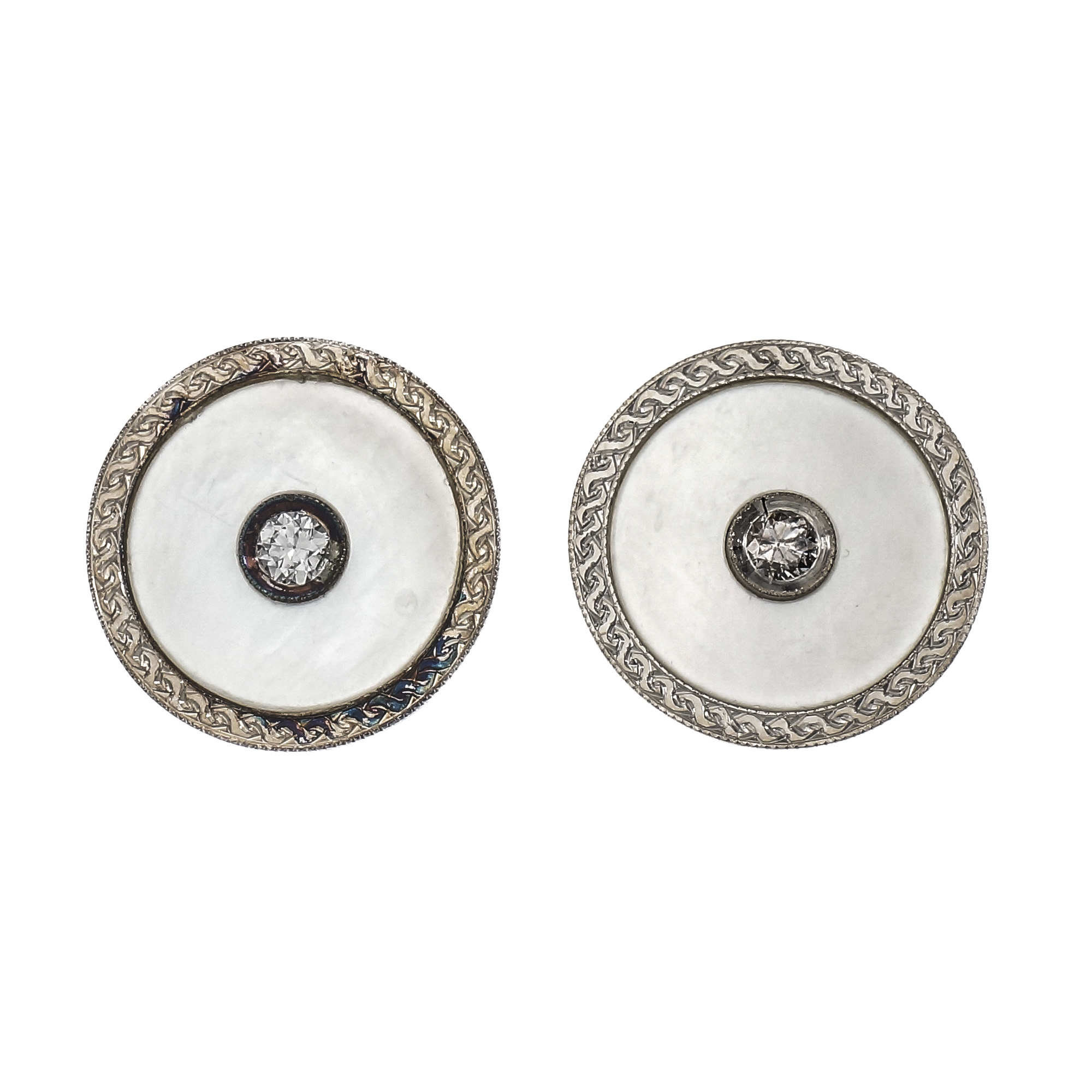 14K Yellow Gold Platinum Mother of Pearl Diamond Button Earrings 