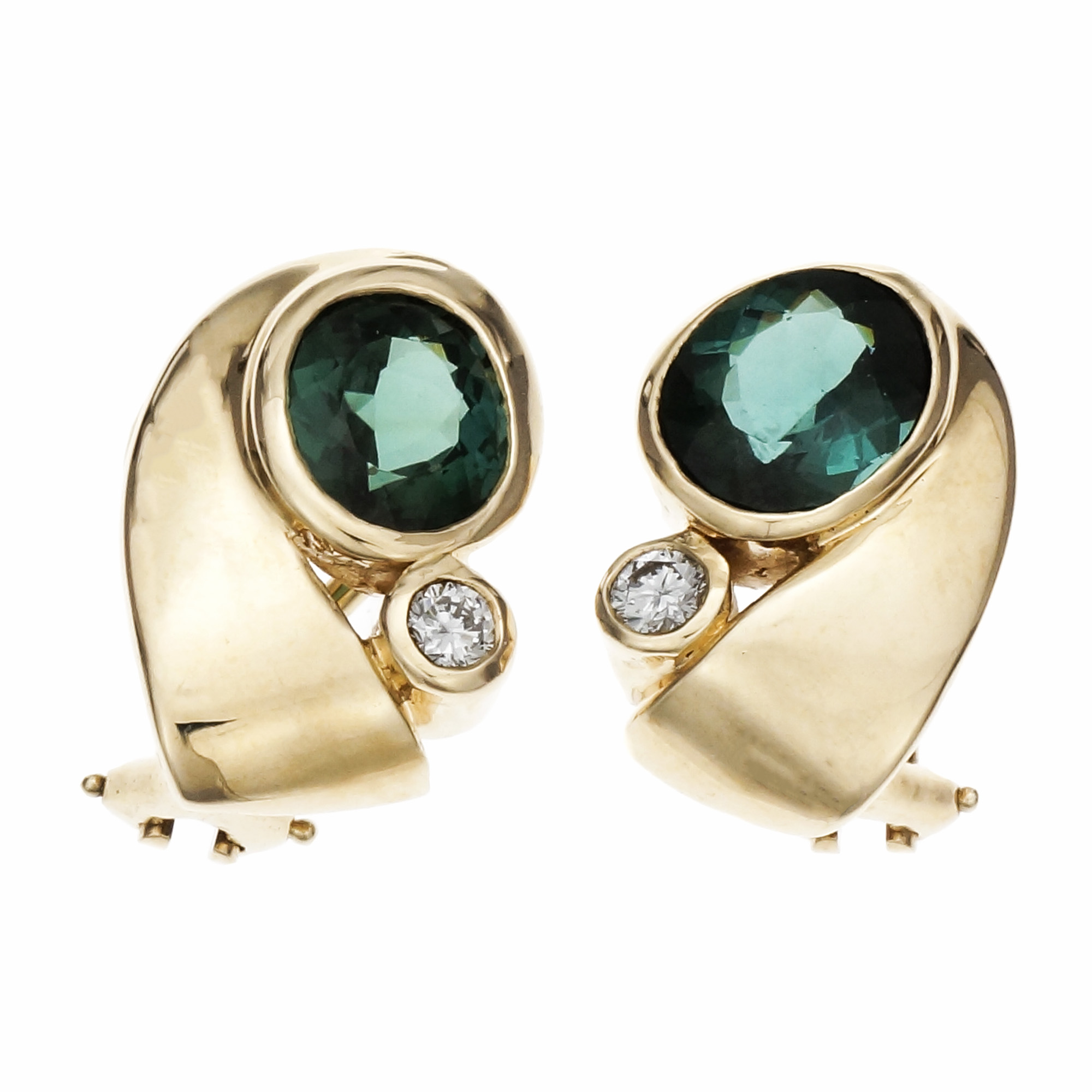 14K Yellow Gold Bright Green Tourmaline Diamond Swirl Earrings 
