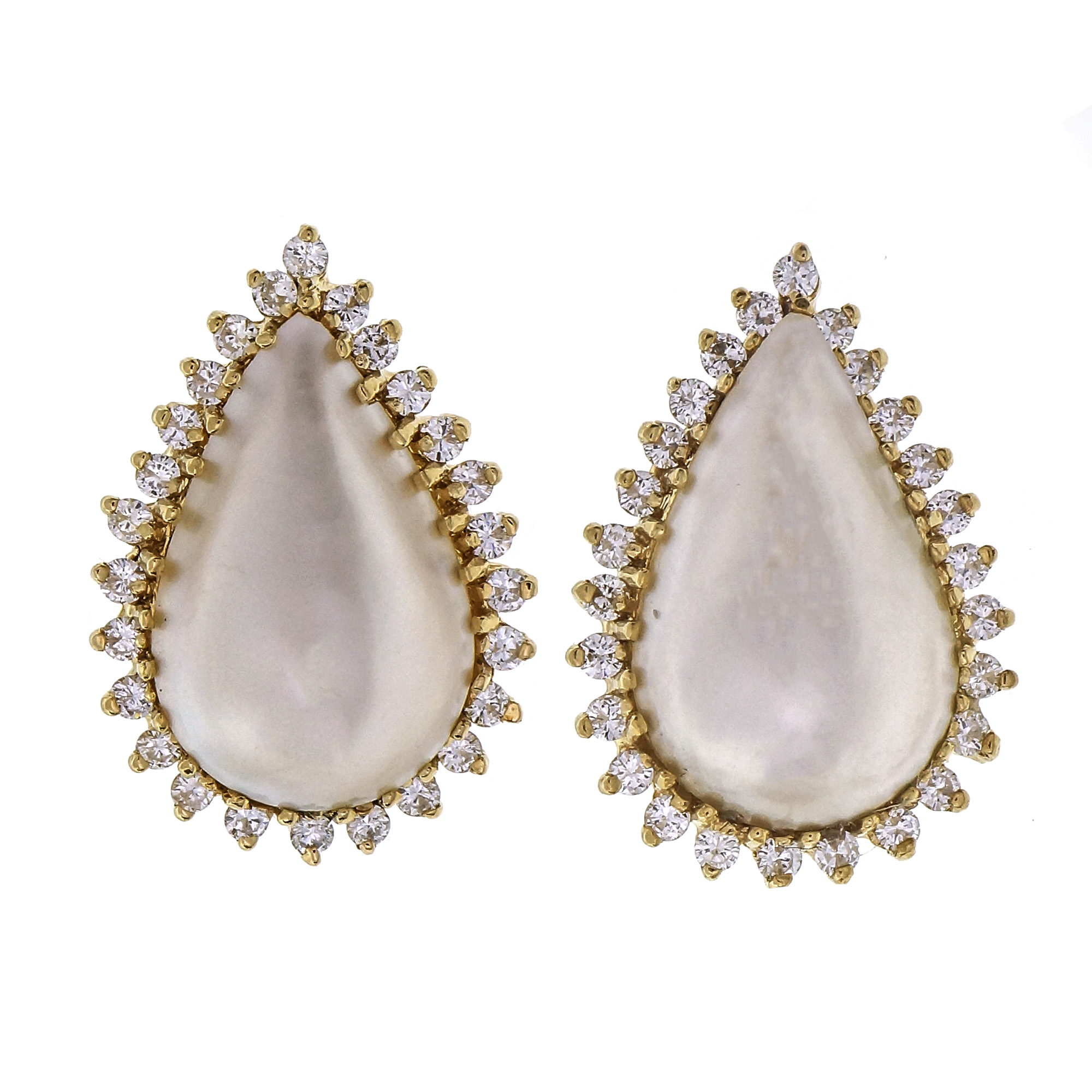 Estate Pear Shape Cultured Mobe Pearl Earrings 14k Gold Diamond