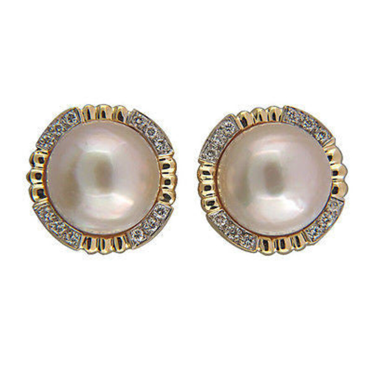 Vintage 15mm Pink Mobe Pearl 14K Frame .40 Ct Diamond Clip & Post Earrings