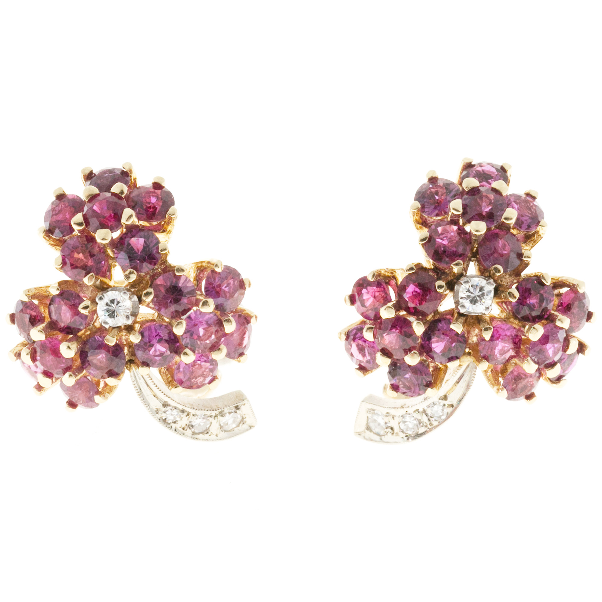 14K Yellow and White Gold Ruby  Diamond Flower Earrings