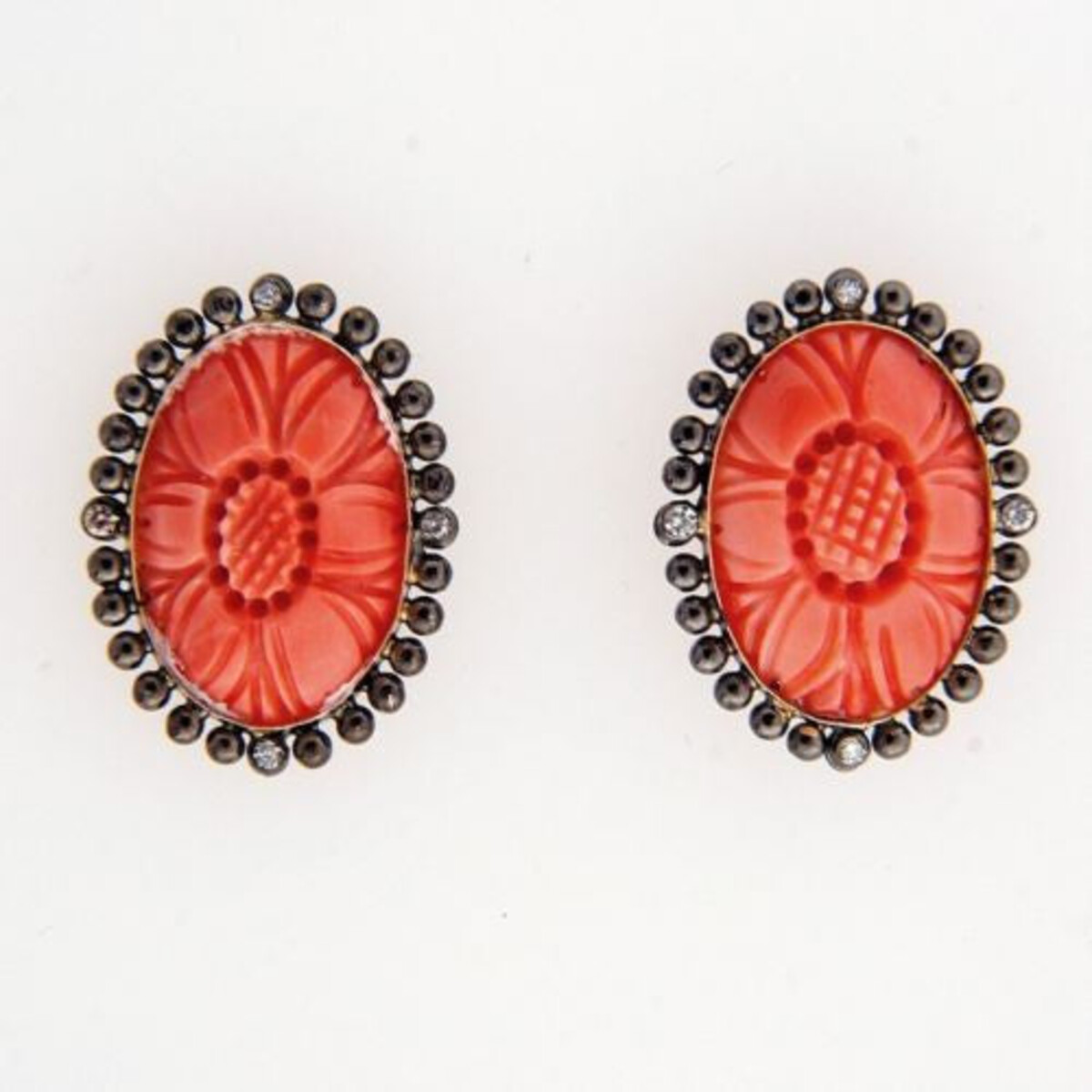 OTS Vintage Antique Victorian Pink Coral 9K Gold .04 Ct Diamond Earrings