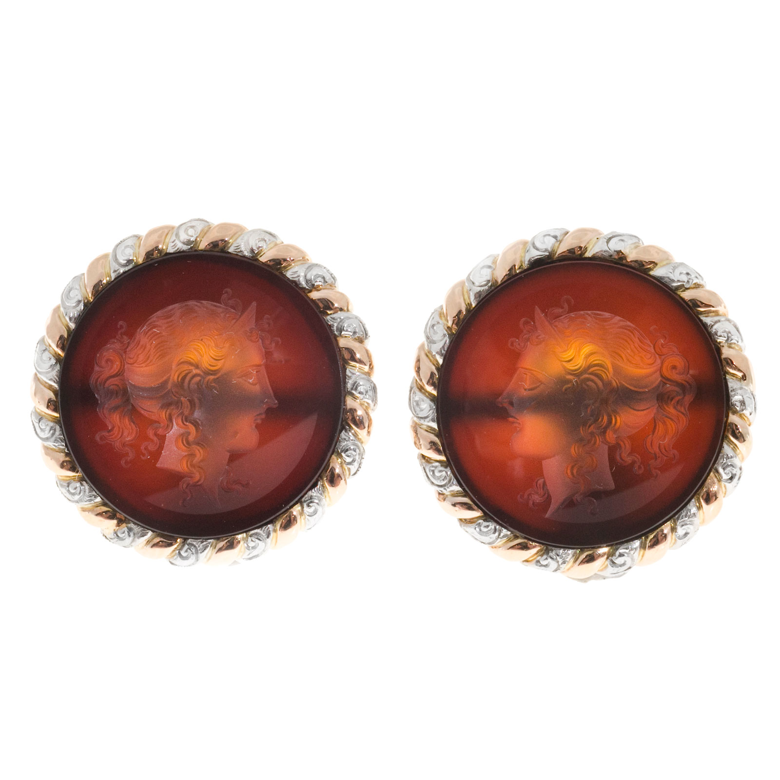 14K Rose Gold Platinum Carved Translucent Carnelian Intaglio Earrings
