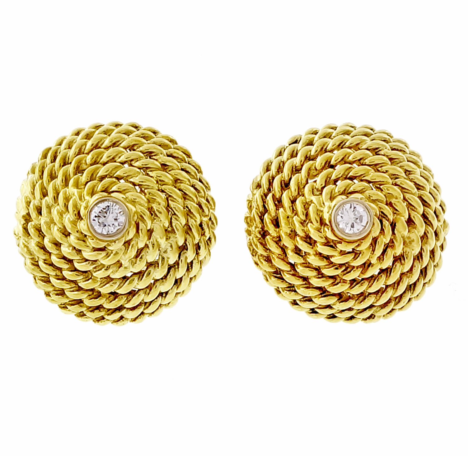 18K Yellow Gold Domed Round Twisted Wire Diamond Earrings