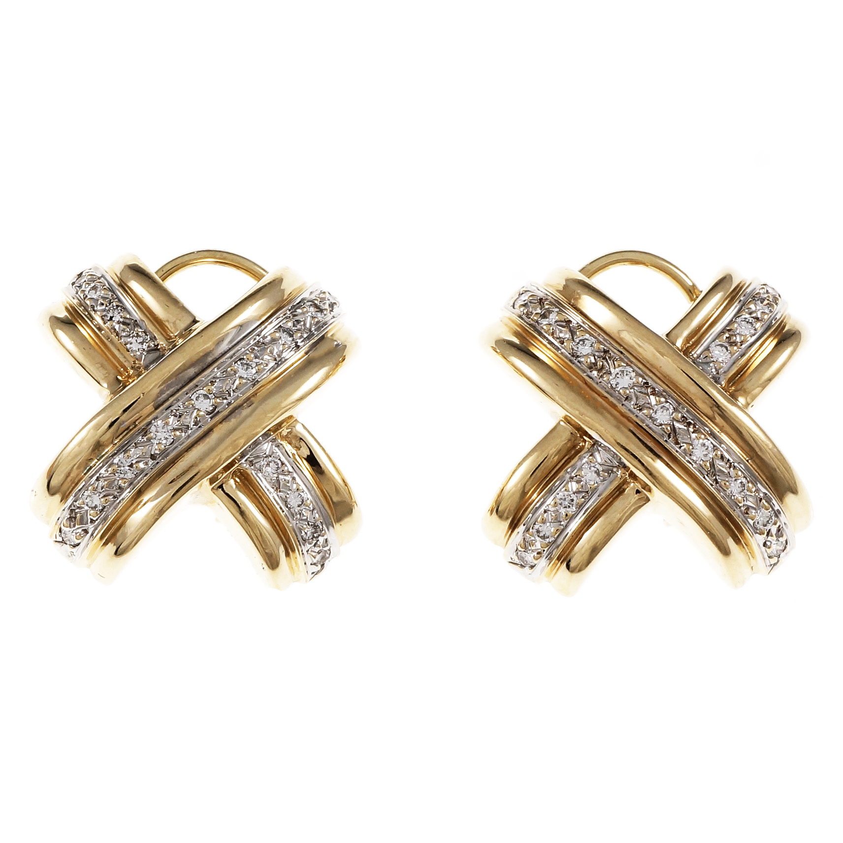 14K Yellow  White Gold “X” Design Diamond Clip Post Earrings 