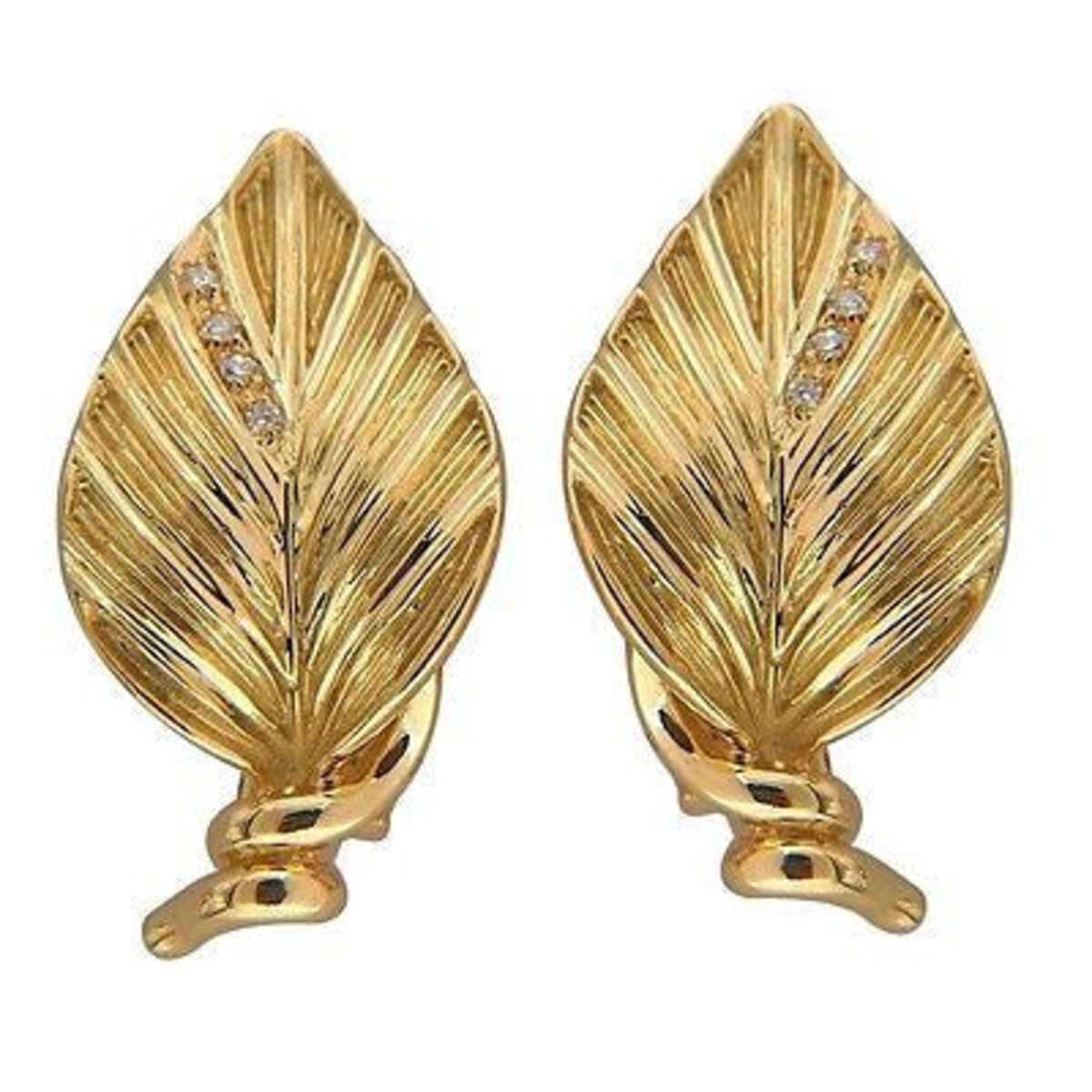 Vintage Heavy 18K Gold 8 Diamond Italian Textured Leaf Clip & Post Earrings