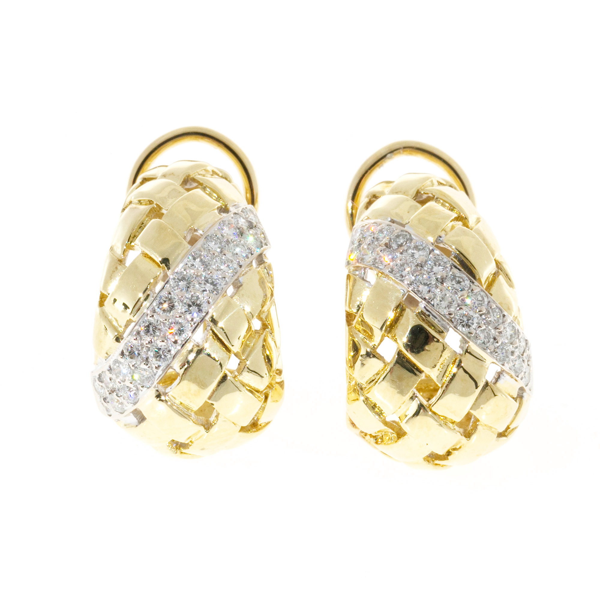 18K Yellow  White Gold with 1.00ct Diamonds Basket Weave Earrings