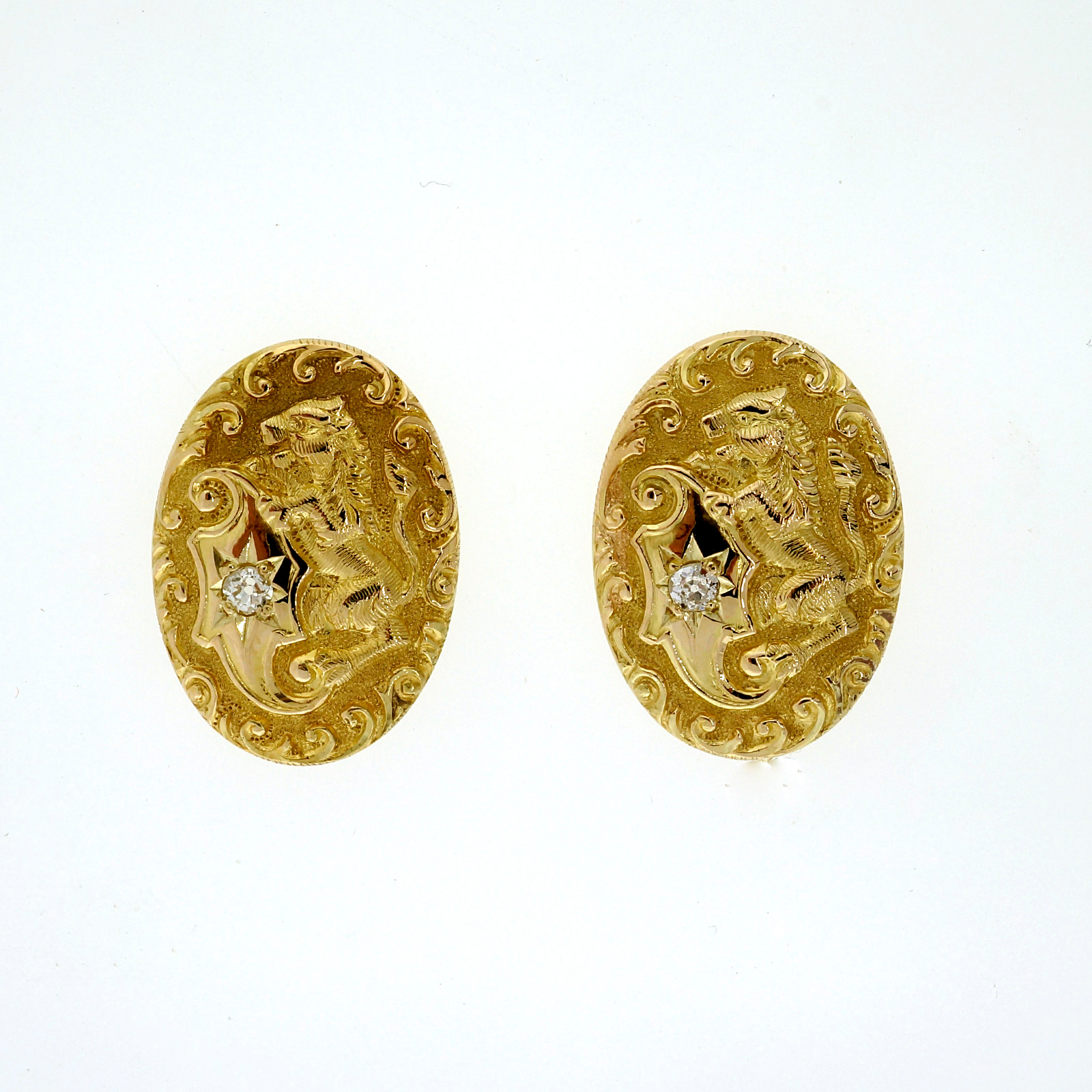 Antique Victorian 1900 .05ct Diamond Engraved Lion 14k Earrings