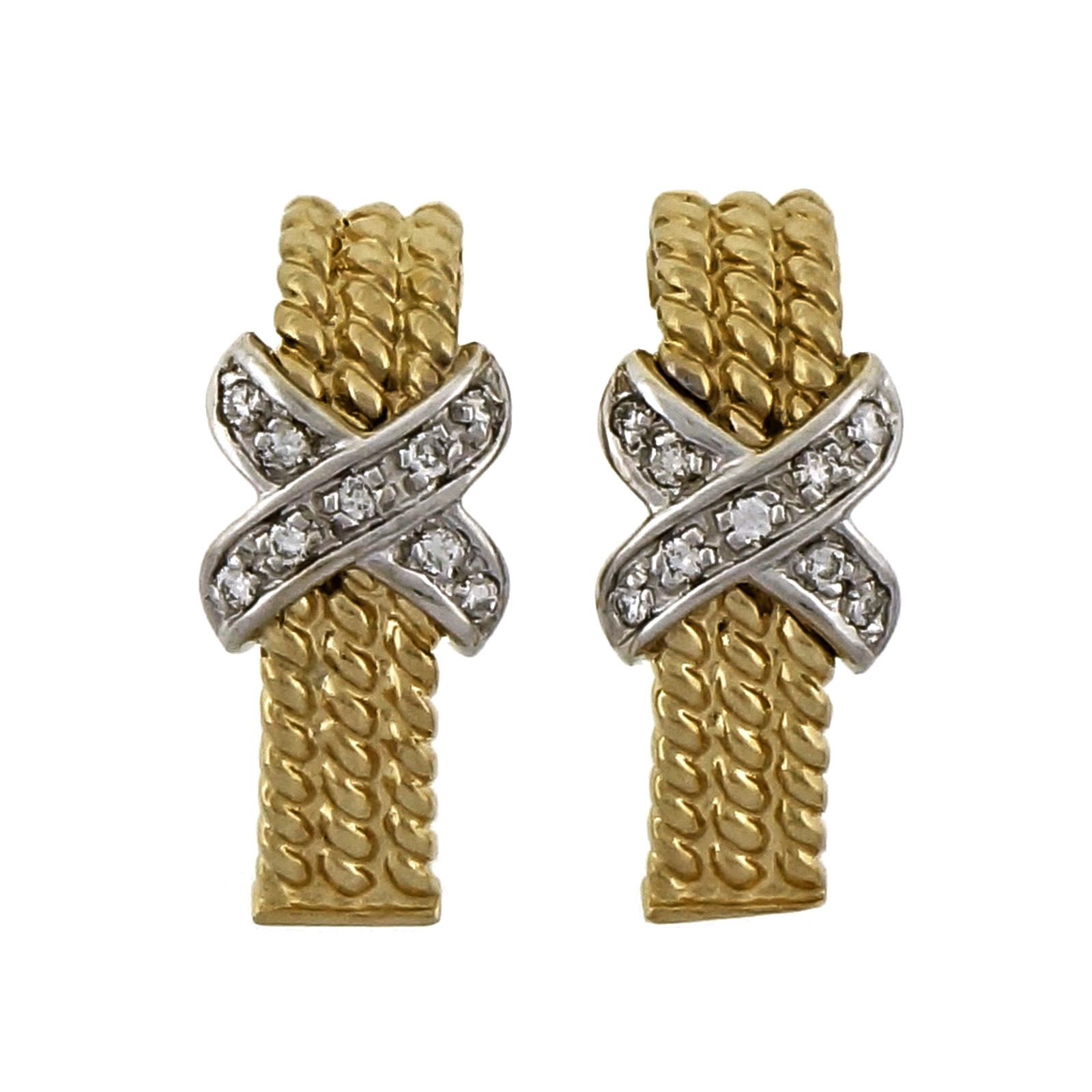 14K Yellow  White Gold Diamond “X” Earrings