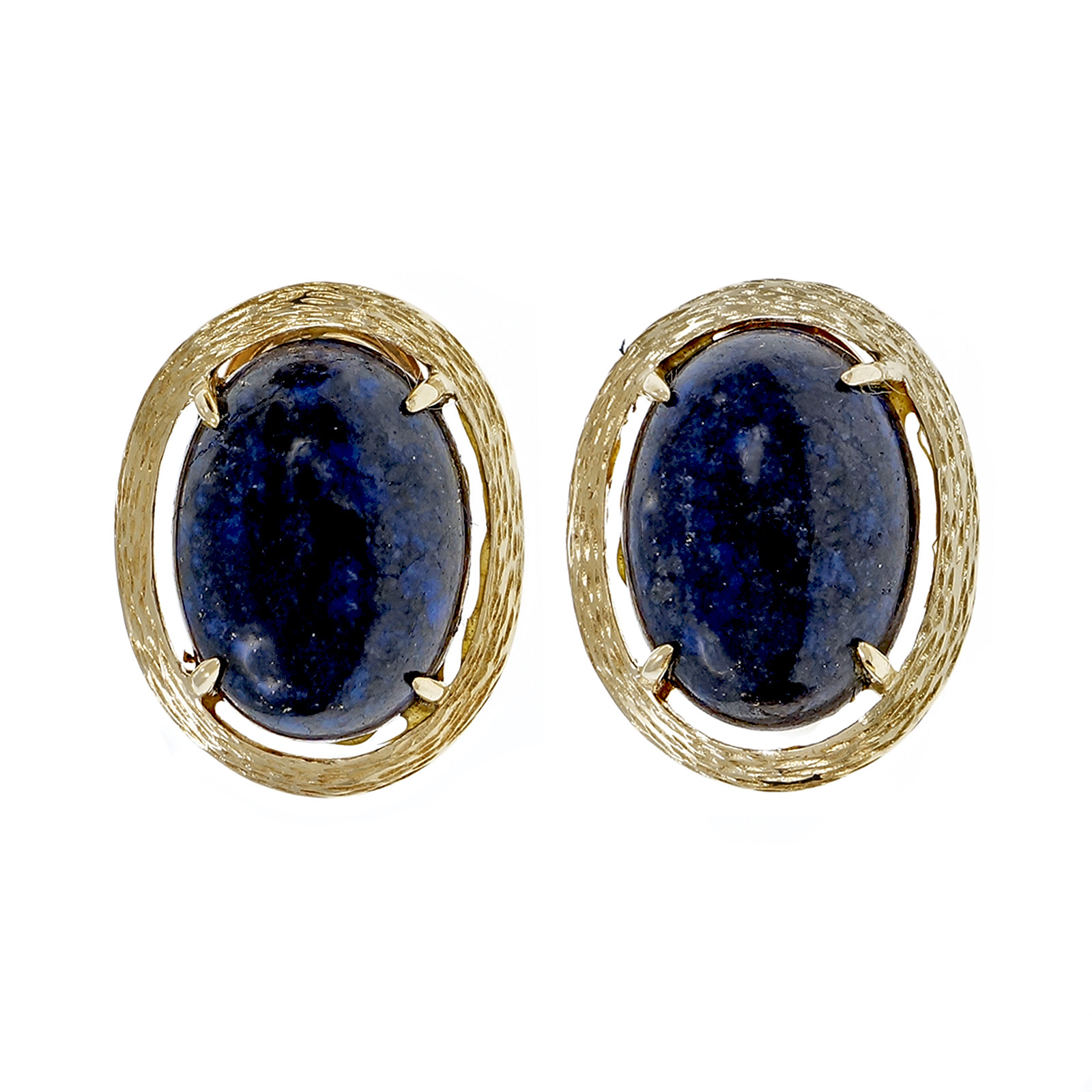 14K Yellow Gold Lapis Cabochon Textured Earrings 