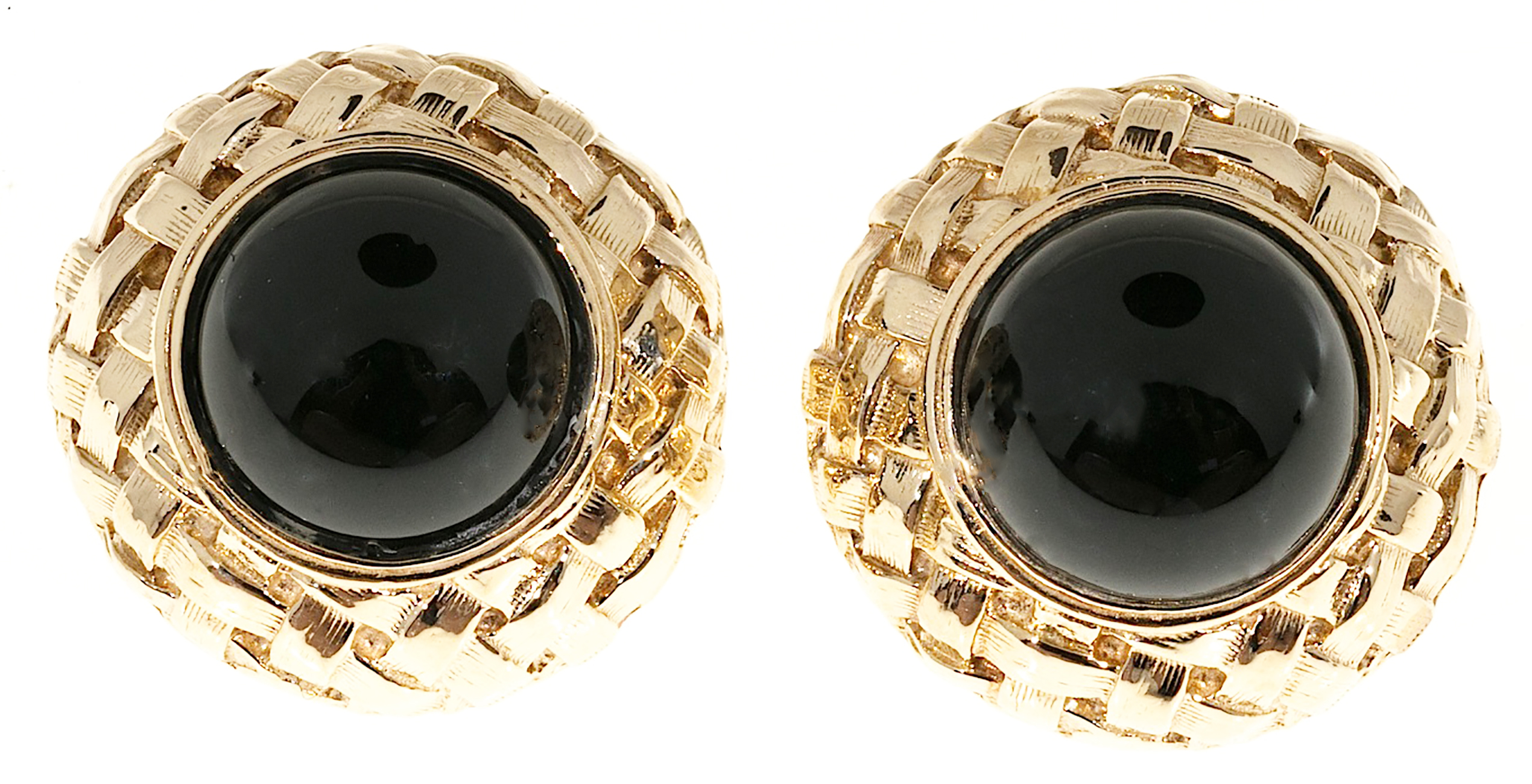 14K Yellow Gold Domed Basket Weave Onyx Earrings