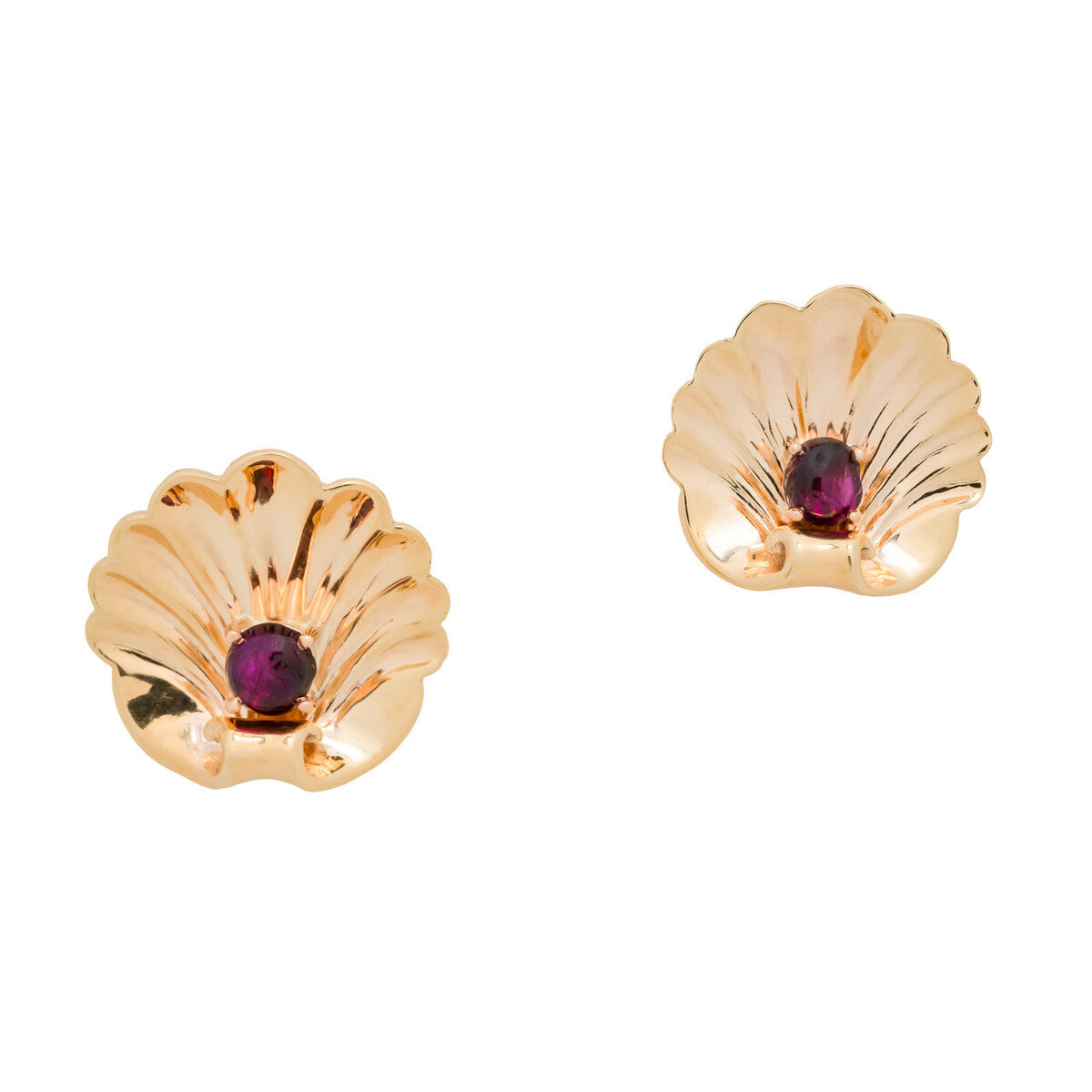 Estate 1940'S Retro 14k Gold Scallop Yellow Gold Red Ruby Shell Pierced Earrings