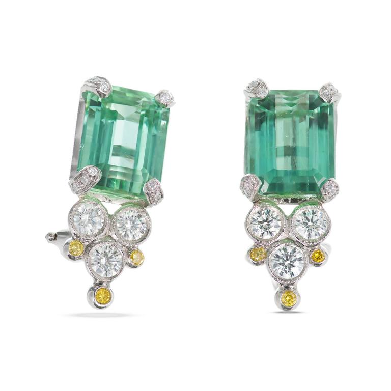 Platinum 9.03ct Blue Green Tourmaline  Diamond Earrings