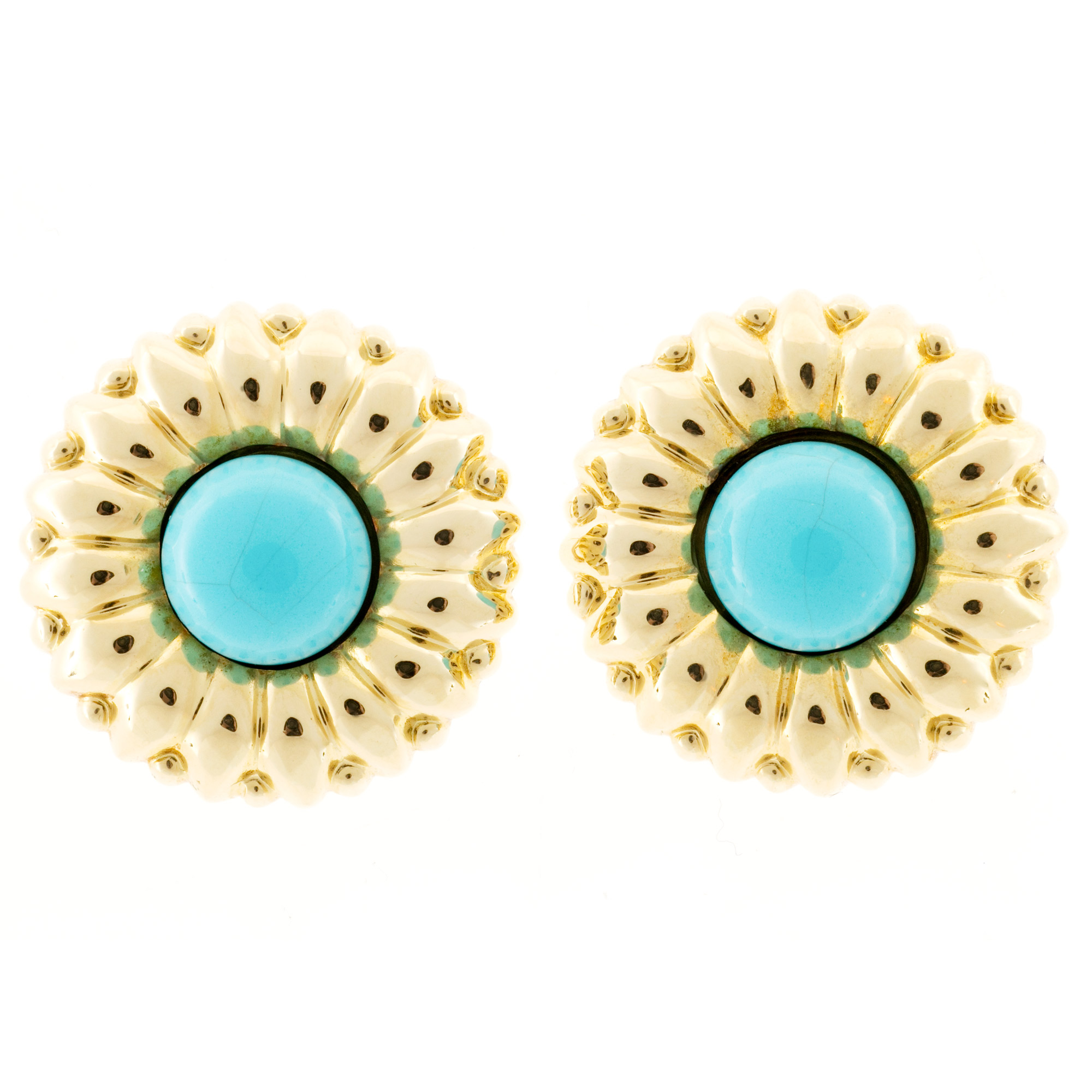 18K Yellow Gold  Turquoise Sunflower Clip Post Earrings