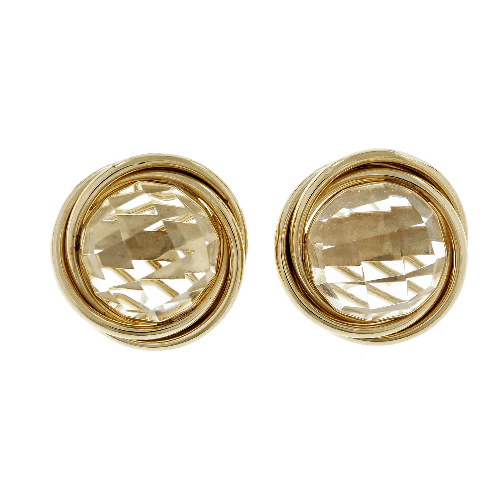 14K Yellow Gold Button Quartz Clip Post Earrings 