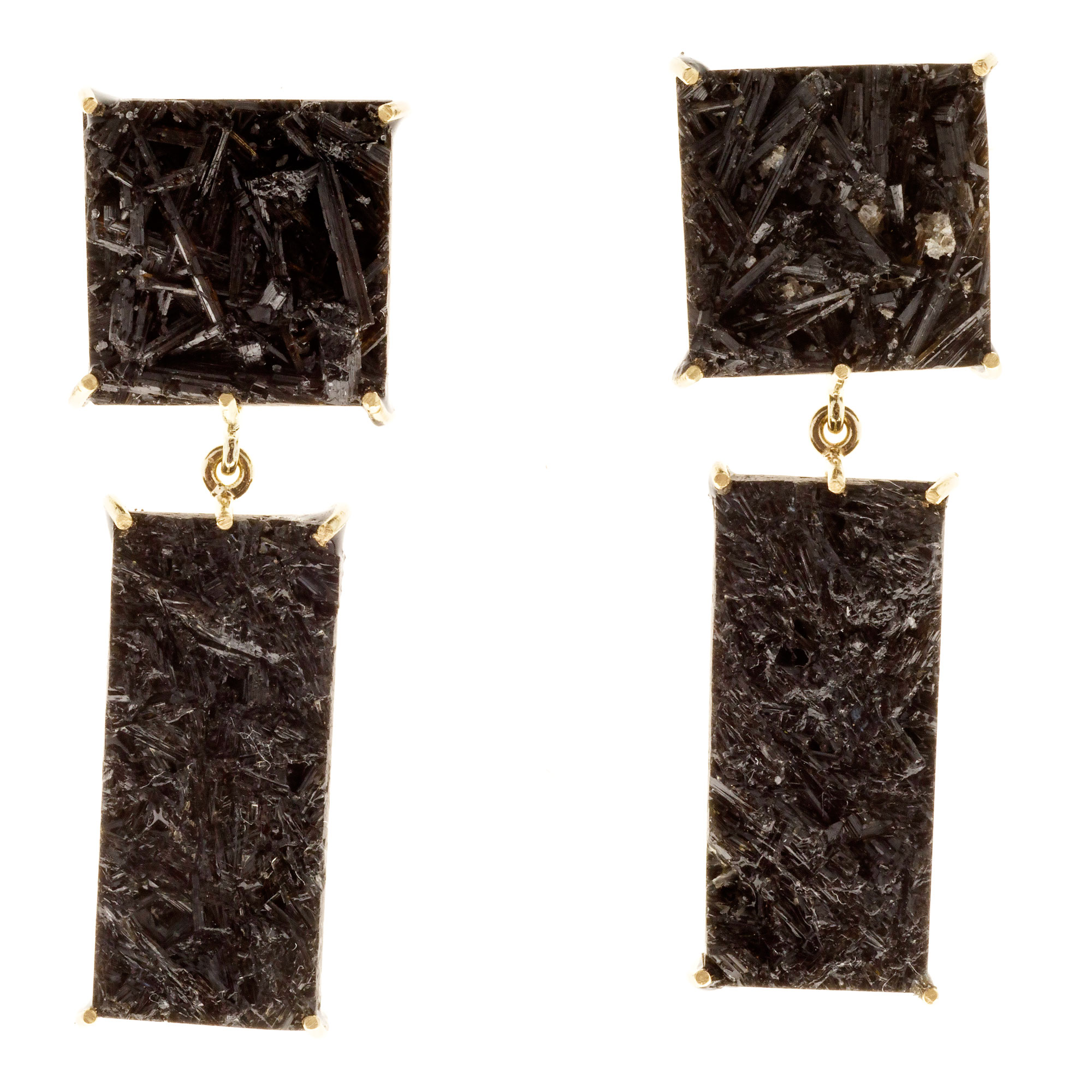 18K Yellow Gold  Black Tourmaline Crystal Slices Dangle Earrings