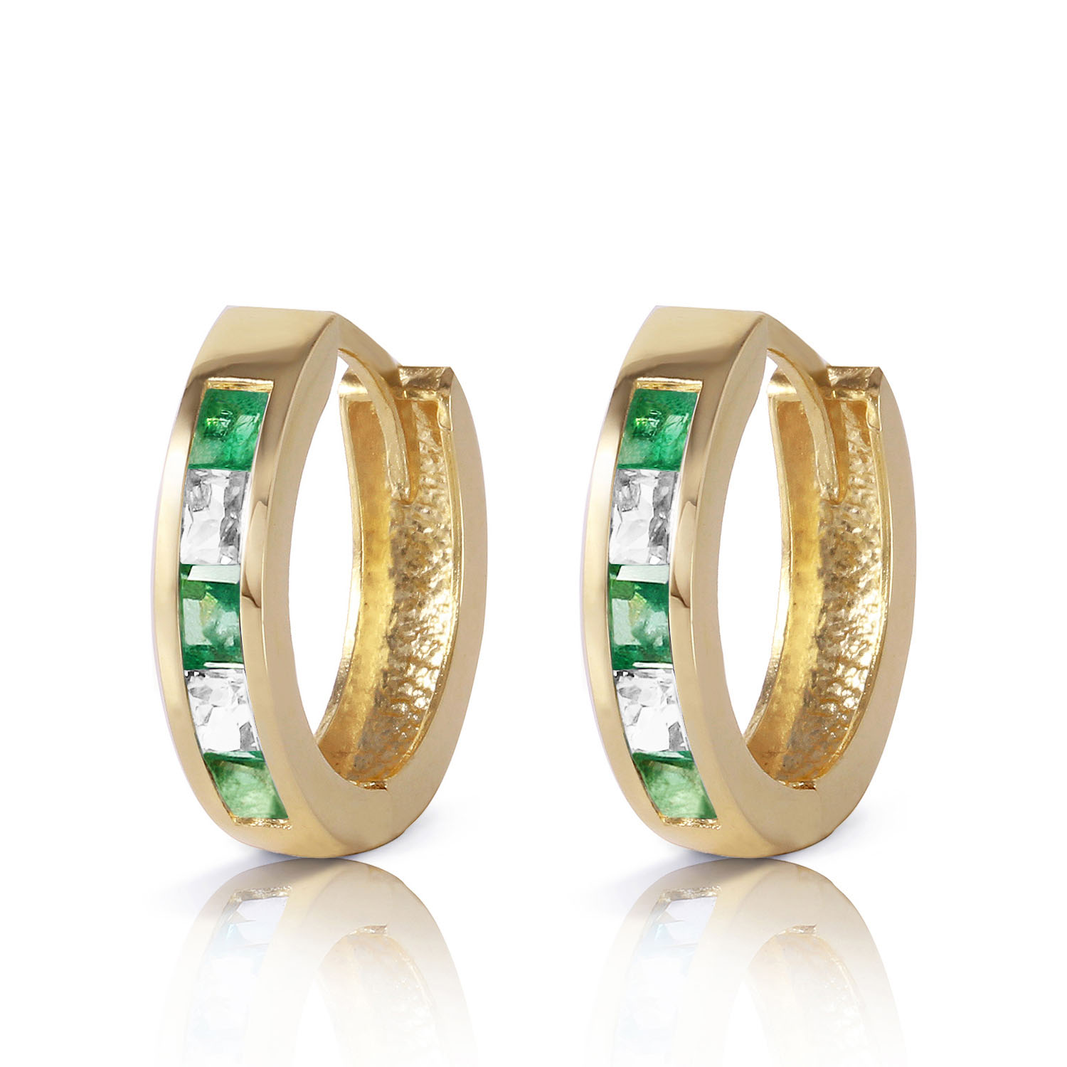 1.26 CTW 14K Solid Gold Hoop Earrings Natural Emerald White Topaz