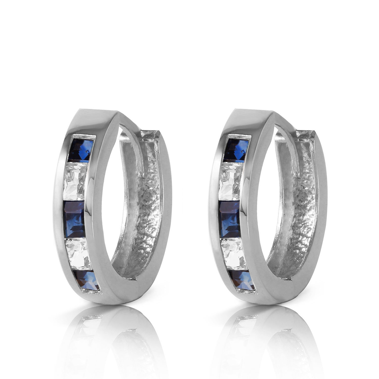 1.26 CTW 14K Solid White Gold Hoop Earrings Natural Sapphire White Topaz