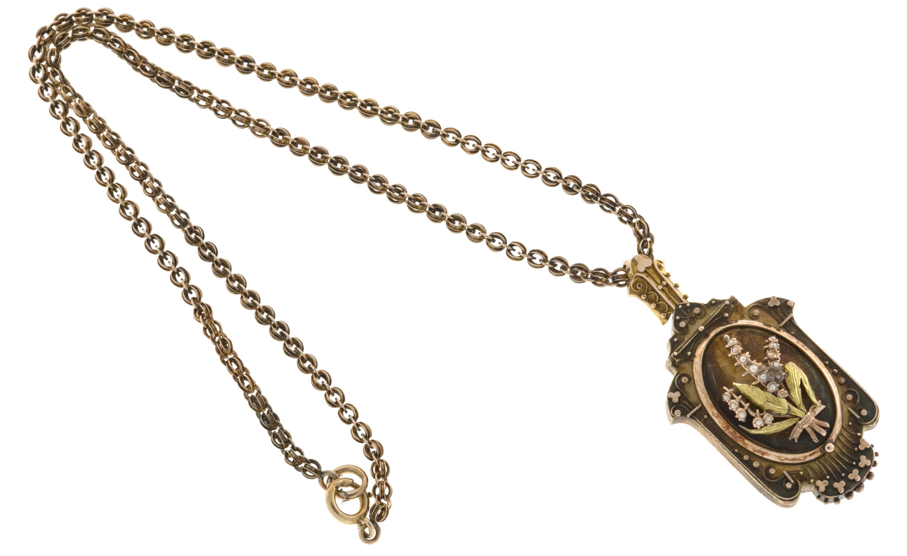 12K Rose Gold with Pearl Eutruscian Revival Vintage Locket Pendant Necklace 