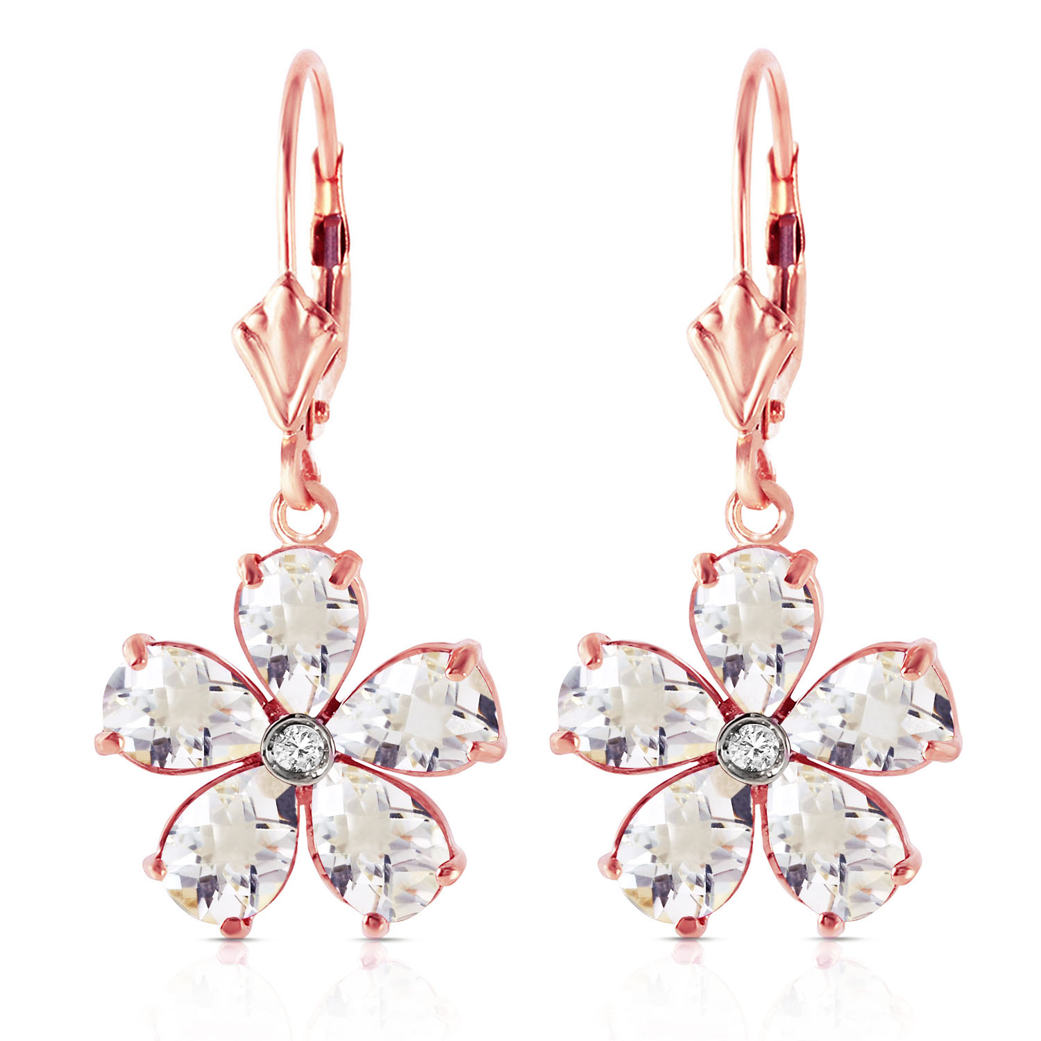 14K Solid Rose Gold Leverback Earrings withRose Topaz  Diamond