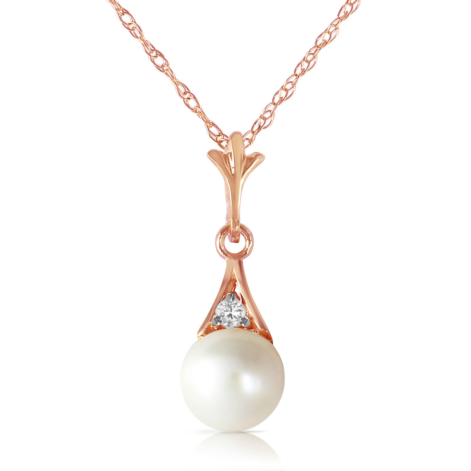 14K Solid Rose Gold Necklace with Diamond  Cultured Pearl