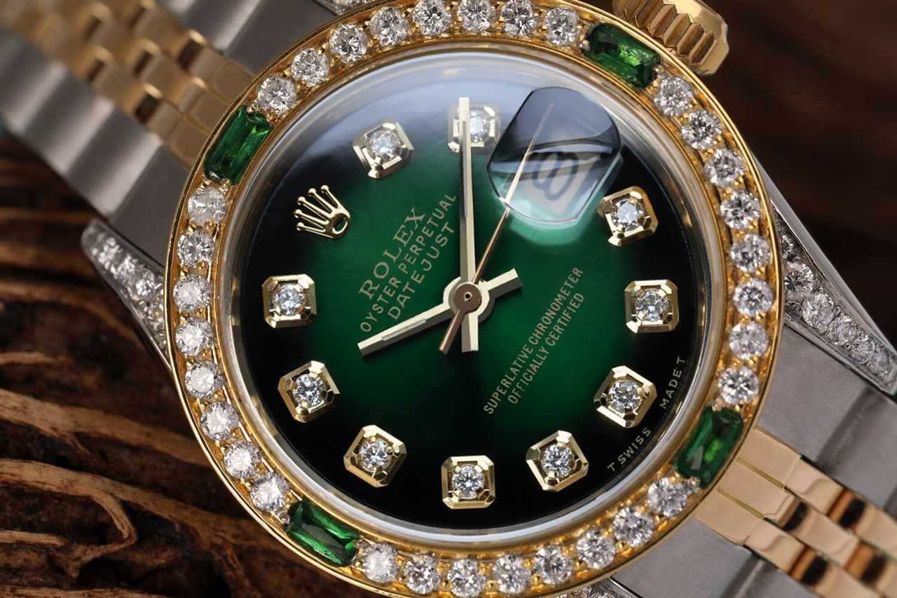 Ladies Rolex 26mm Datejust Green Vignette Dial Diamond Bezel + Lugs + Emerald 69173 Two Tone Watch