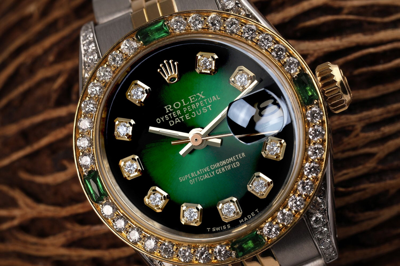 Ladies Rolex 26mm Datejust Green Vignette Dial Diamond Bezel +