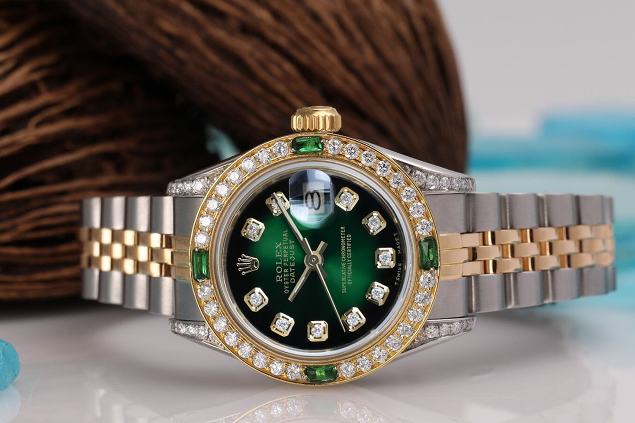 Ladies Rolex 26mm Datejust Green Vignette Dial Diamond Bezel +
