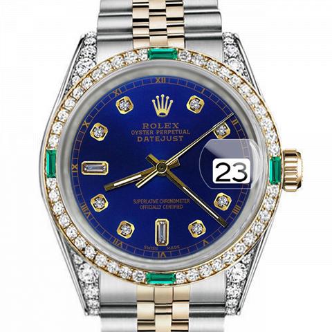 Women's Rolex 31mm Datejust Two Tone Jubilee Blue Color Dial 8+2 Diamond Accent Bezel + Lugs + Emerald