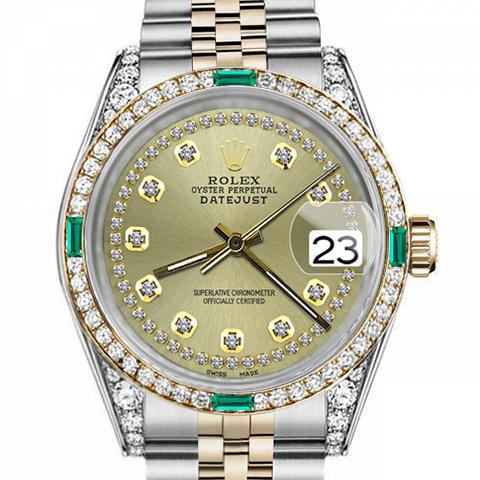 Women's Rolex 31mm Datejust Two Tone Jubilee Champagne Color String Diamond Accent Dial Bezel + Lugs + Emerald