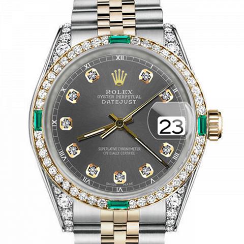 Women's Rolex 31mm Datejust Two Tone Jubilee Dark Grey Color Dial Diamond Accent Bezel + Lugs + Emerald