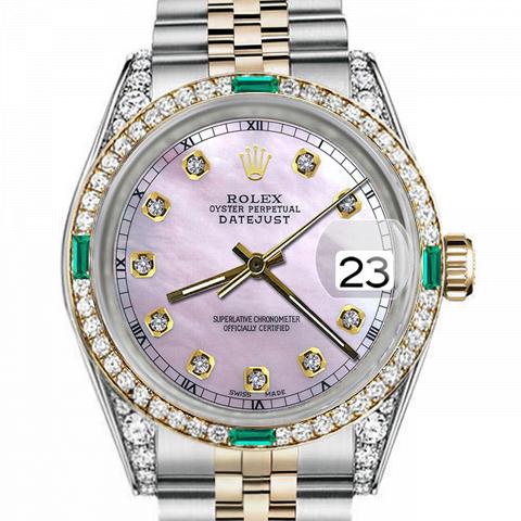 Women's Rolex 31mm Datejust Two Tone Jubilee Pink MOP Mother Of Pearl Dial Diamond Accent Bezel + Lugs + Emerald