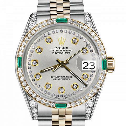 Women's Rolex 31mm Datejust Two Tone Jubilee Silver Color String Diamond Accent Dial Bezel + Lugs + Emerald