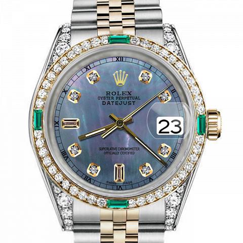Women's Rolex 31mm Datejust Two Tone Jubilee Tahitian MOP Mother of Pearl 8 + 2 Diamond Dial RT Bezel + Lugs + Emerald