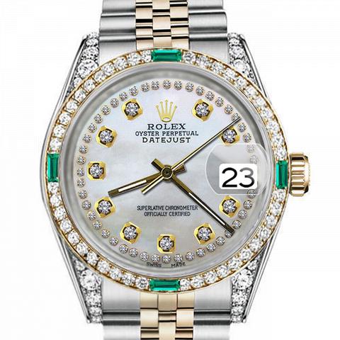 Women's Rolex 31mm Datejust Two Tone Jubilee White MOP Mother of Pearl String Diamond Dial Bezel + Lugs + Emerald