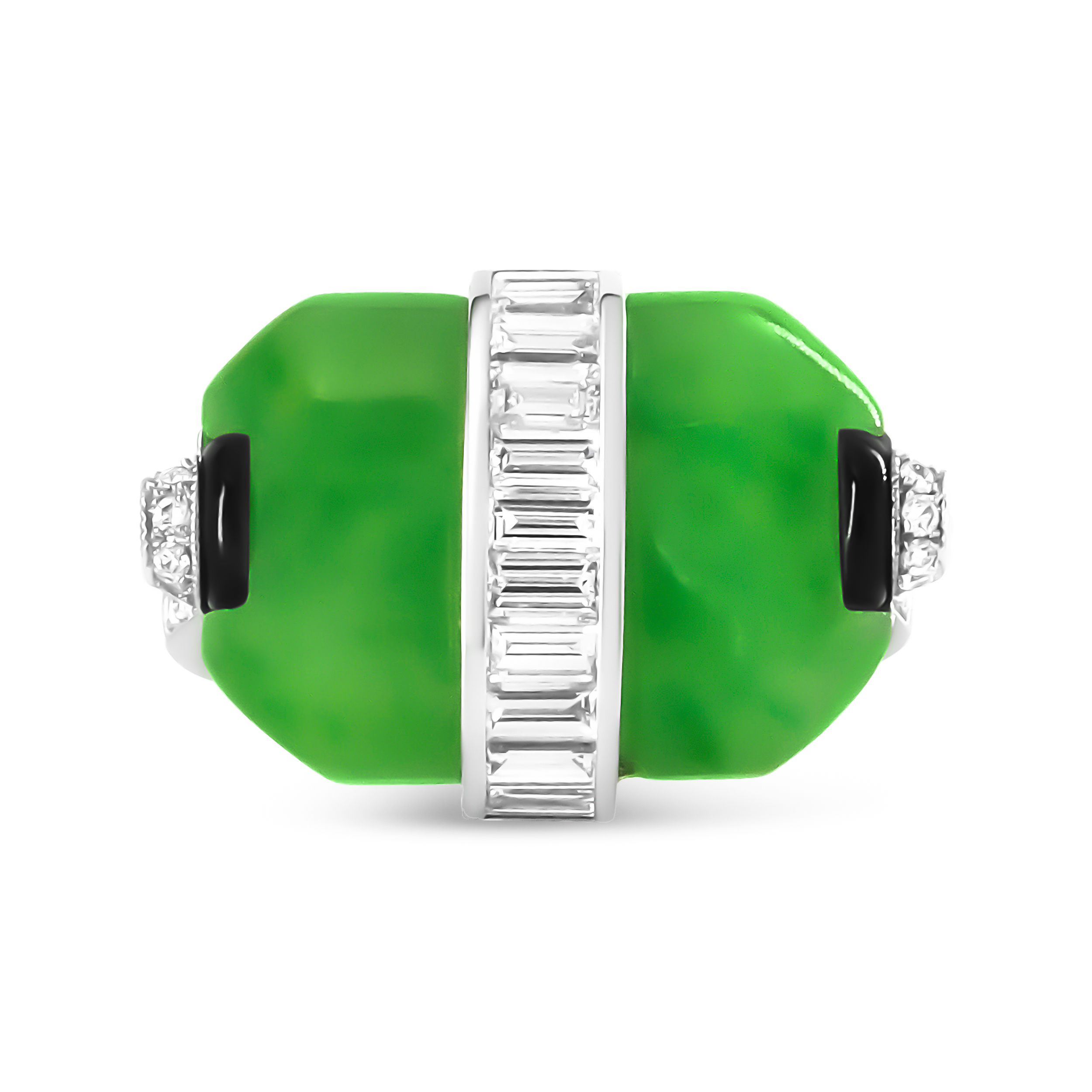 White Platinum Green Jade Gemstone and 1 3/8 Cttw Round and Baguette Diamond Cocktail Ring (F-G Color, VS1-VS2 Clarity) - Ring Size 7