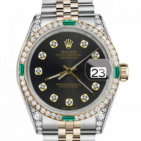 Women's Rolex 31mm Datejust Two Tone Jubilee Chocolate Dial Diamond Accent Bezel + Lugs + Emerald