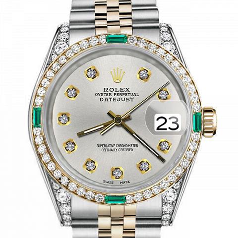 Women's Rolex 31mm Datejust Two Tone Jubilee Silver Color Dial Diamond Accent RT Bezel + Lugs + Emerald
