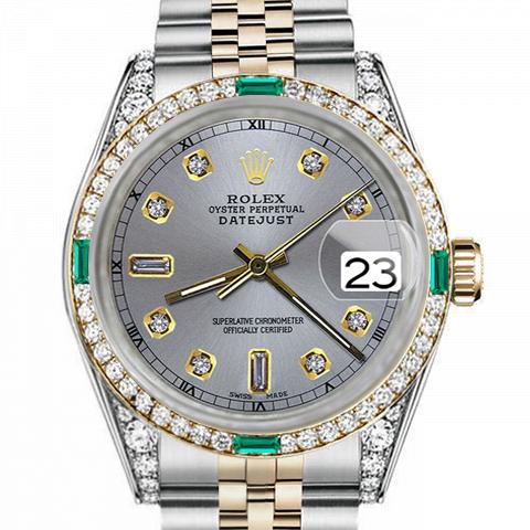 Women's Rolex 31mm Datejust Two Tone Jubilee Slate Grey Color Dial 8 + 2 Diamond Accent Bezel + Lugs + Emerald