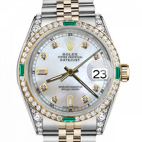 Women's Rolex 31mm Datejust Two Tone Jubilee White MOP Mother of Pearl Dial Diamond Accen Bezel + Lugs + Emerald