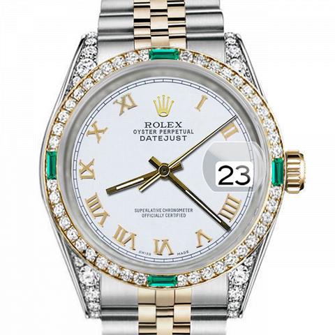 Women's Rolex 31mm Datejust Two Tone Jubilee White Roman Numeral Dial Bezel + Lugs + Emerald