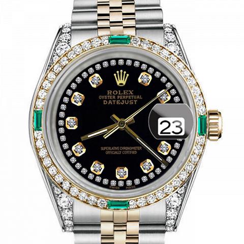 Men's Rolex 36mm Datejust Two Tone Jubilee Black Color String Diamond Accent Dial Bezel + Lugs + Emerald