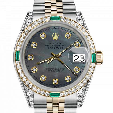 Men's Rolex 36mm Datejust Two Tone Jubilee Black MOP Mother Of Pearl Dial Diamond Accent RT Bezel + Lugs + Emerald