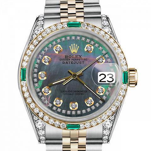 Men's Rolex 36mm Datejust Two Tone Jubilee Black MOP Mother of Pearl String Diamond Accent Dial Bezel + Lugs + Emerald