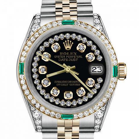 Men's Rolex 36mm Datejust Two Tone Jubilee Glossy Black String Diamond Accent Dial Bezel + Lugs + Emerald