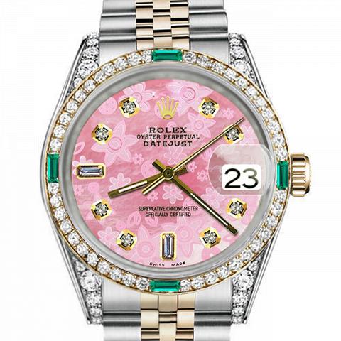 Men's Rolex 36mm Datejust Two Tone Jubilee Glossy Pink Flower Dial 8 + 2 Diamond Accent Bezel + Lugs + Emerald