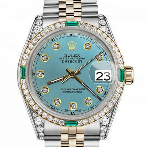 Men's Rolex 36mm Datejust Two Tone Jubilee Ice Blue Color Dial Diamond Accent RT Bezel + Lugs + Emerald