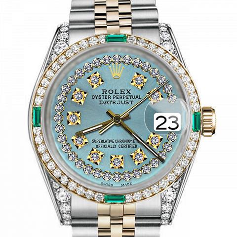 Men's Rolex 36mm Datejust Two Tone Jubilee Ice Blue String Diamond Dial Bezel + Lugs + Emerald