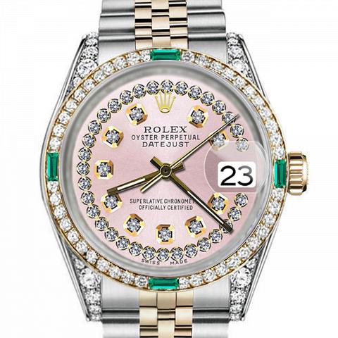 Men's Rolex 36mm Datejust Two Tone Jubilee Pink String Diamond Dial Vintage Style Marker Bezel + Lugs + Emerald