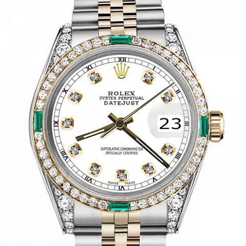 Men's Rolex 36mm Datejust Two Tone Jubilee White Color Dial Diamond Accent RT Bezel + Lugs + Emerald